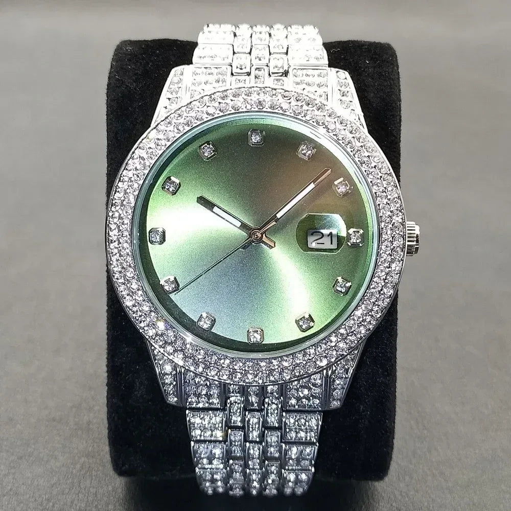 Luxury Men's Green Dial Stainless Steel Watch | Shockproof Waterproof Quartz Clock | Classic Calendar Iced Out Watch | Caratix - CaratixJewelry